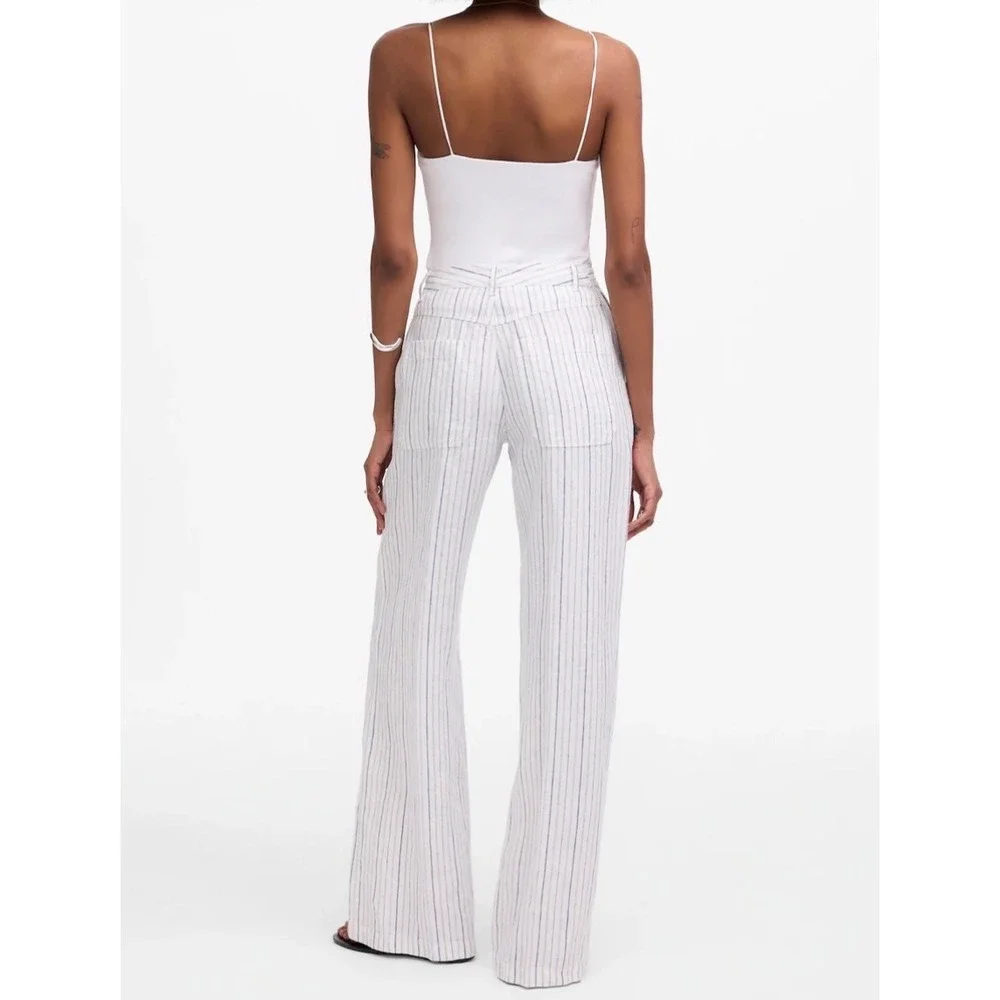 Madewell The Zoe Relaxed Wide Pant 100% Linen Striped White Blue size 6 NV159 - Picture 4 of 13